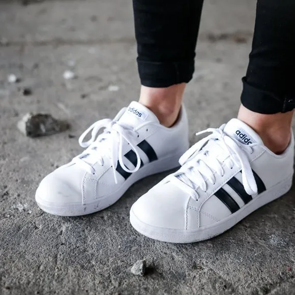 Adidas Neo Baseline W Leather Sneakers - White w/ Black Stripes