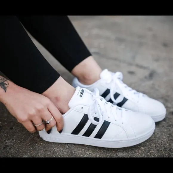 Adidas Neo Baseline W Leather Sneakers - White w/ Black Stripes