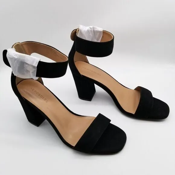 Aerosoles Women's Lawrence Heeled Sandals Size 10 Black Faux Suede Buckle Formal
