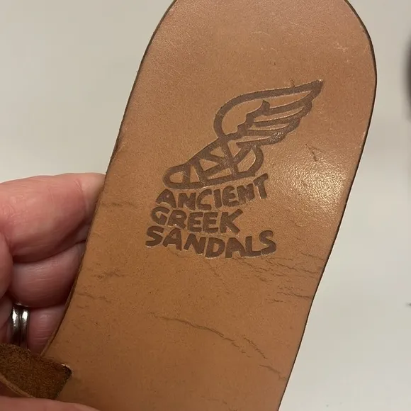 Ancient Greek Sandals tanned leather with gold leather uppers. Size 37