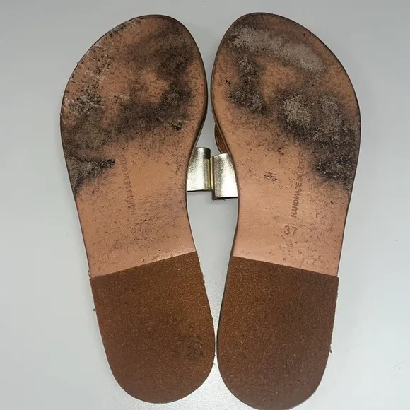 Ancient Greek Sandals tanned leather with gold leather uppers. Size 37