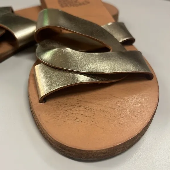 Ancient Greek Sandals tanned leather with gold leather uppers. Size 37