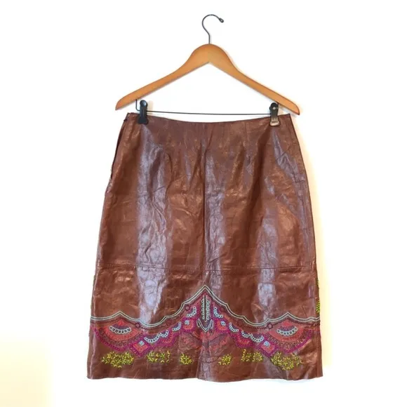 Anthropology Sleeping on Snow Leather skirt embroidered