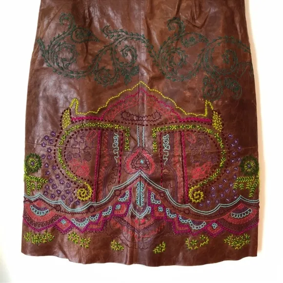 Anthropology Sleeping on Snow Leather skirt embroidered