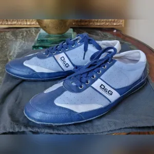 Authentic Men's DOLCE &amp; GABBANA Blue &amp; White Leather Logo Casual Sneaker 11.5 US
