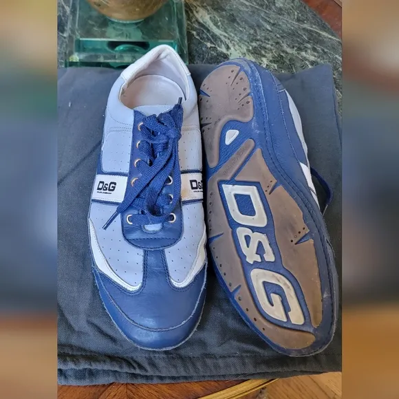 Authentic Men's DOLCE &amp; GABBANA Blue &amp; White Leather Logo Casual Sneaker 11.5 US