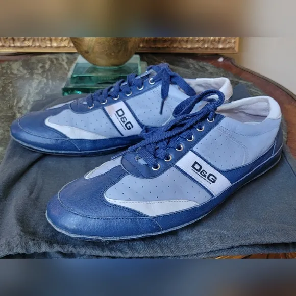 Authentic Men's DOLCE &amp; GABBANA Blue &amp; White Leather Logo Casual Sneaker 11.5 US