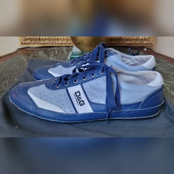 Authentic Men's DOLCE &amp; GABBANA Blue &amp; White Leather Logo Casual Sneaker 11.5 US