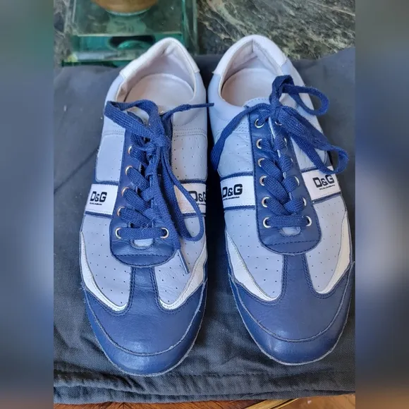 Authentic Men's DOLCE &amp; GABBANA Blue &amp; White Leather Logo Casual Sneaker 11.5 US