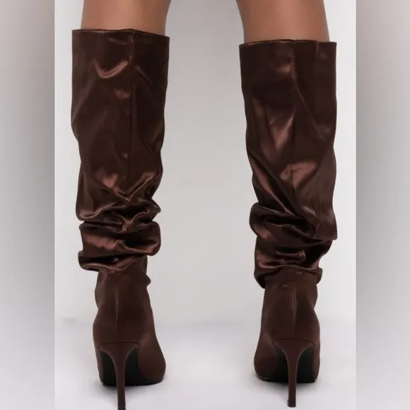 AZALEA WANG Chocolate Brown Nylon Slouchy Knee High Stiletto Boots