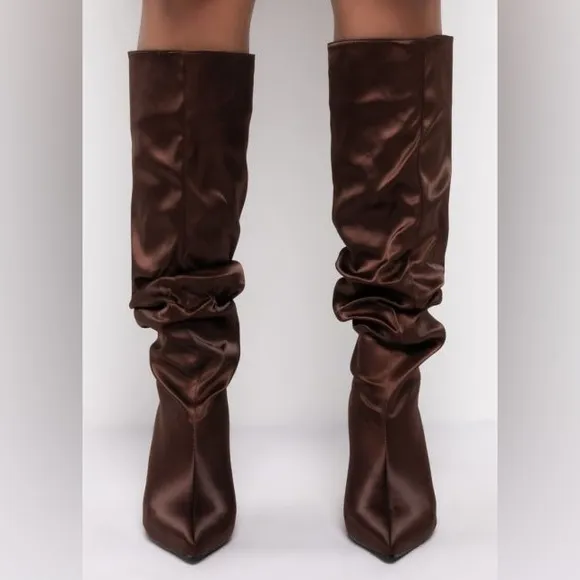 AZALEA WANG Chocolate Brown Nylon Slouchy Knee High Stiletto Boots