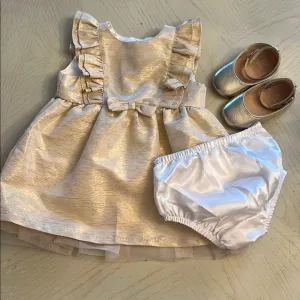 #Baby girl Gold Ruffle Dress with Bow and Silver Shoes and comes with bloomers