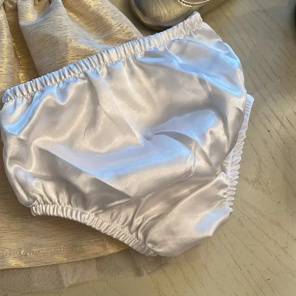 #Baby girl Gold Ruffle Dress with Bow and Silver Shoes and comes with bloomers