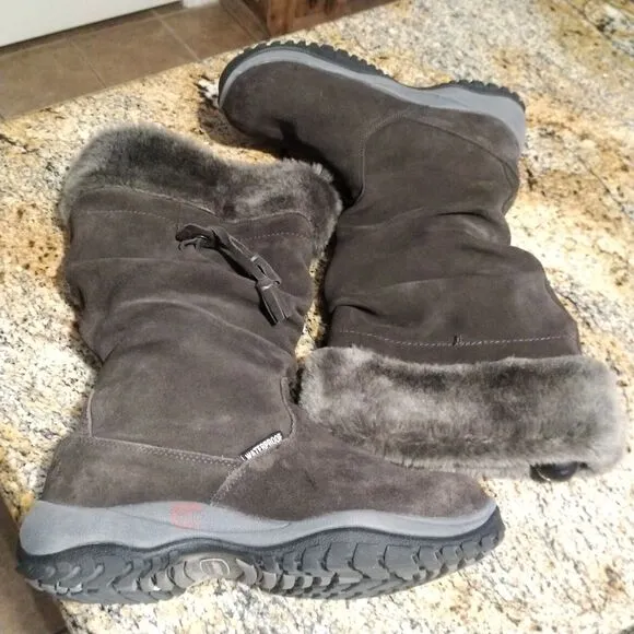 Baffin Katie Tall Winter Snow Boots Gray Suede Faux Fur MIKU-W008 Women's Sz 8