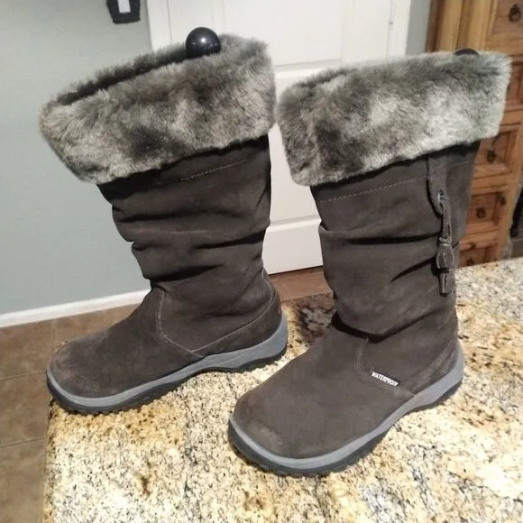 Baffin Katie Tall Winter Snow Boots Gray Suede Faux Fur MIKU-W008 Women's Sz 8