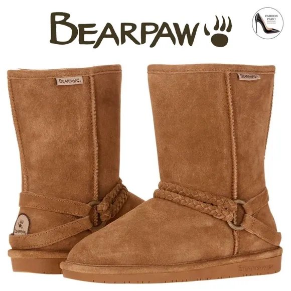 Bearpaw Adele Hickory Braided Brown Tan Suede Wool Lined Snow Winter Boots 6