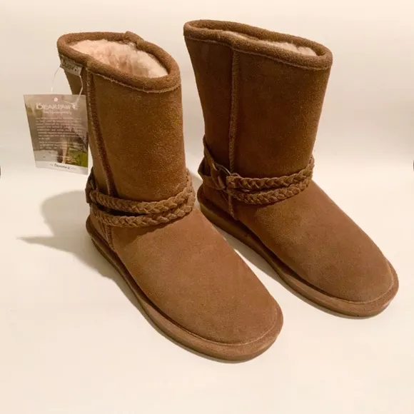 Bearpaw Adele Hickory Braided Brown Tan Suede Wool Lined Snow Winter Boots 6