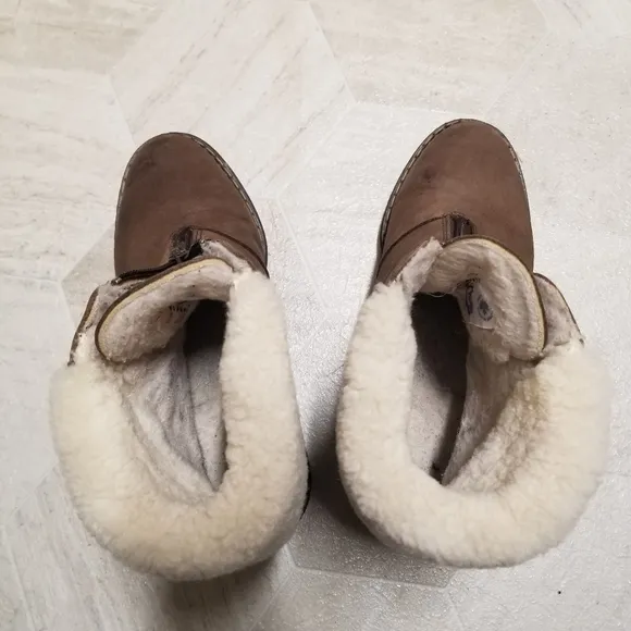 Blondo Waterproof Brown Leather Chunky Heel White Sherpa Cuff Zip Ankle Boots 7