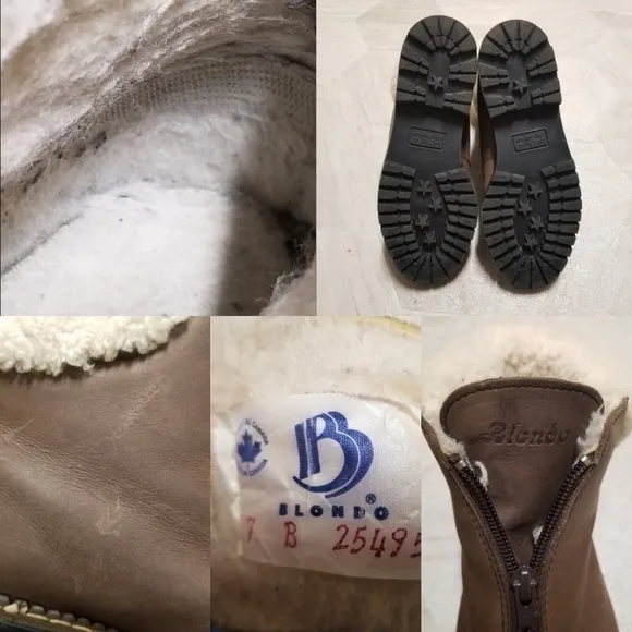 Blondo Waterproof Brown Leather Chunky Heel White Sherpa Cuff Zip Ankle Boots 7