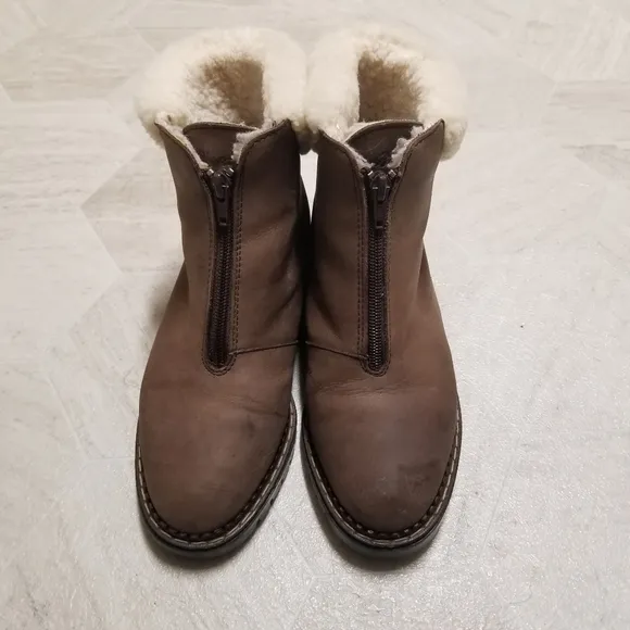 Blondo Waterproof Brown Leather Chunky Heel White Sherpa Cuff Zip Ankle Boots 7