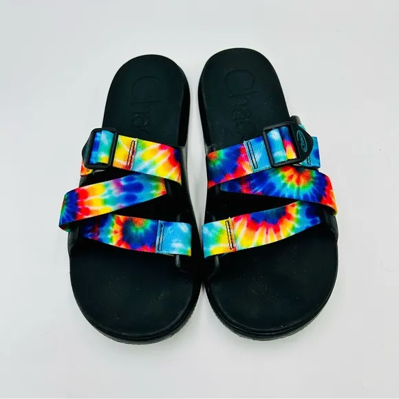 Chaco sandals Chillos slide sandals Tie dye rainbow sandals black women size 11