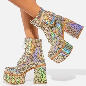 Chunky Gold Metallic Holographic Platform Chunky Heel Boots