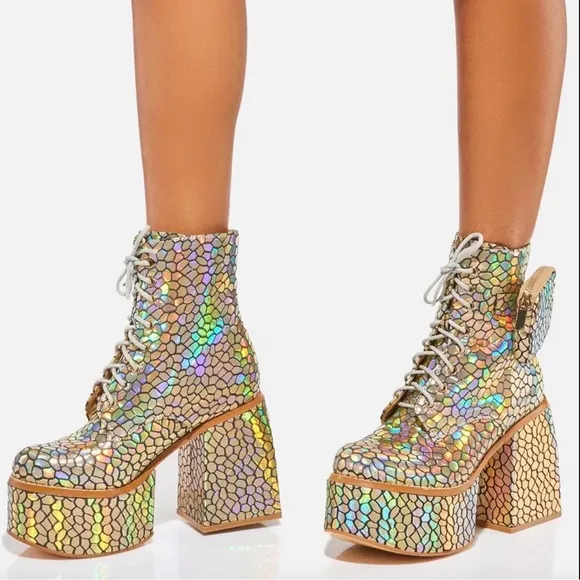 Chunky Gold Metallic Holographic Platform Chunky Heel Boots