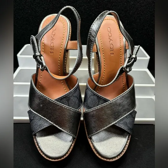 Coach High Wedge Espadrille Cross‎ Band Silver/Gray Logo Size 10B  Buckle Charm