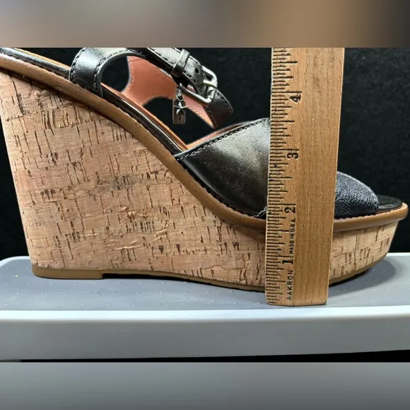 Coach High Wedge Espadrille Cross‎ Band Silver/Gray Logo Size 10B  Buckle Charm