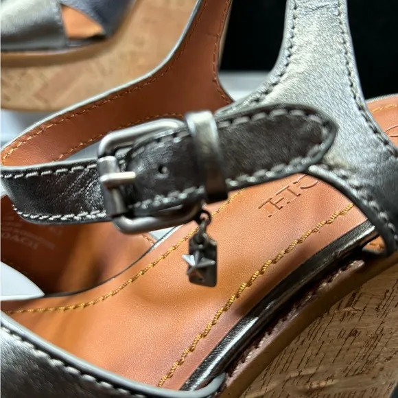 Coach High Wedge Espadrille Cross‎ Band Silver/Gray Logo Size 10B  Buckle Charm