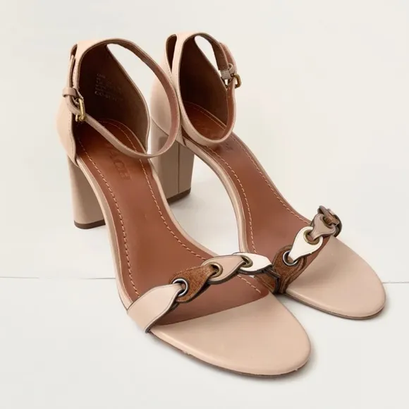 Coach Link Nude Tan Leather Ankle Strap Heel Sandals Block Heel Pump Shoes 8.5