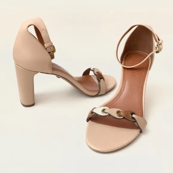 Coach Link Nude Tan Leather Ankle Strap Heel Sandals Block Heel Pump Shoes 8.5