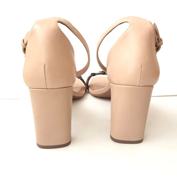 Coach Link Nude Tan Leather Ankle Strap Heel Sandals Block Heel Pump Shoes 8.5