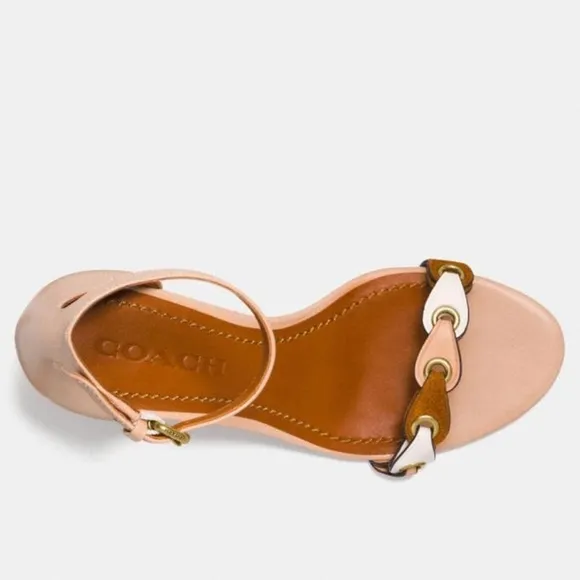 Coach Link Nude Tan Leather Ankle Strap Heel Sandals Block Heel Pump Shoes 8.5