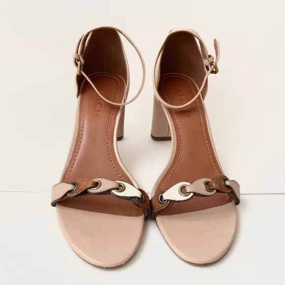 Coach Link Nude Tan Leather Ankle Strap Heel Sandals Block Heel Pump Shoes 8.5