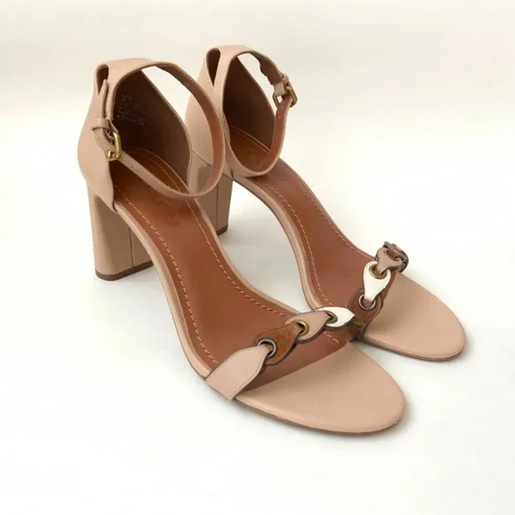 Coach Link Nude Tan Leather Ankle Strap Heel Sandals Block Heel Pump Shoes 8.5