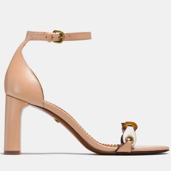 Coach Link Nude Tan Leather Ankle Strap Heel Sandals Block Heel Pump Shoes 8.5
