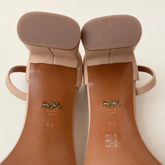 Coach Link Nude Tan Leather Ankle Strap Heel Sandals Block Heel Pump Shoes 8.5