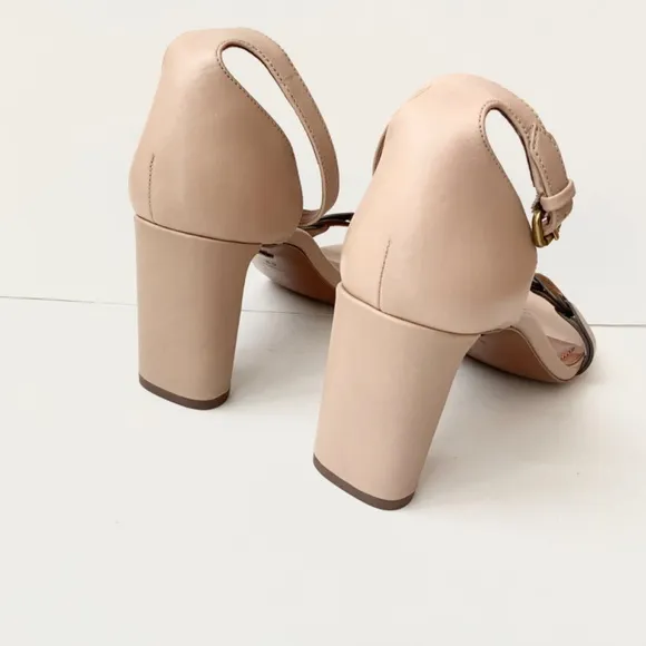 Coach Link Nude Tan Leather Ankle Strap Heel Sandals Block Heel Pump Shoes 8.5