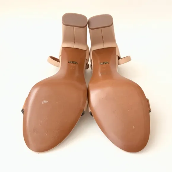Coach Link Nude Tan Leather Ankle Strap Heel Sandals Block Heel Pump Shoes 8.5