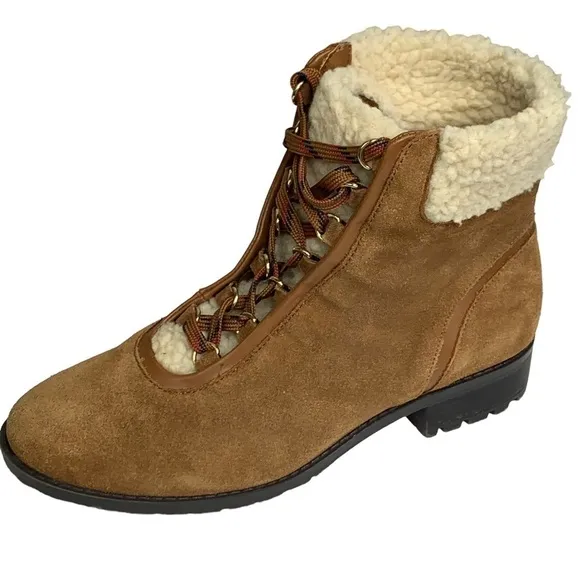 Crown &amp; Ivy Cognac Leather Suede Hiking Sherling Lined Lace Up Boots NEW Size 7