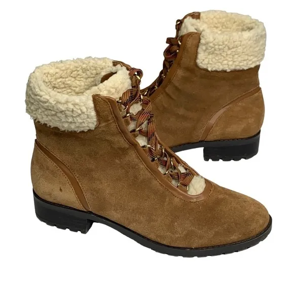 Crown &amp; Ivy Cognac Leather Suede Hiking Sherling Lined Lace Up Boots NEW Size 7