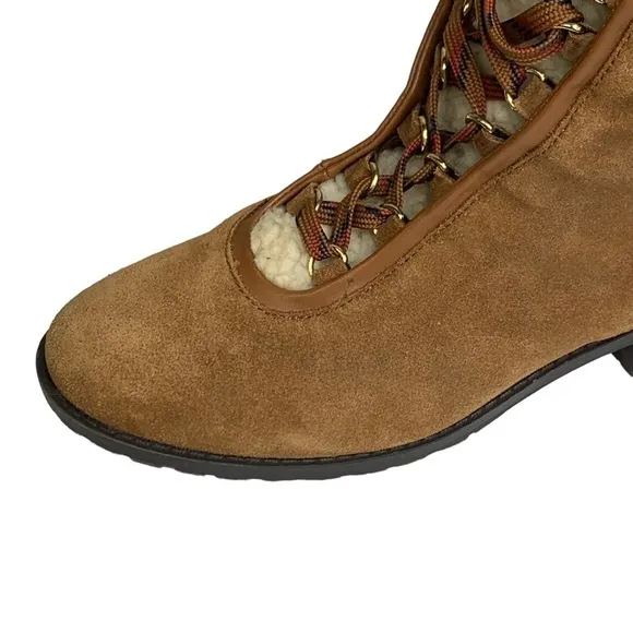 Crown &amp; Ivy Cognac Leather Suede Hiking Sherling Lined Lace Up Boots NEW Size 7