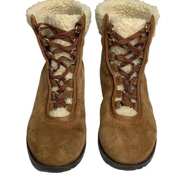 Crown &amp; Ivy Cognac Leather Suede Hiking Sherling Lined Lace Up Boots NEW Size 7