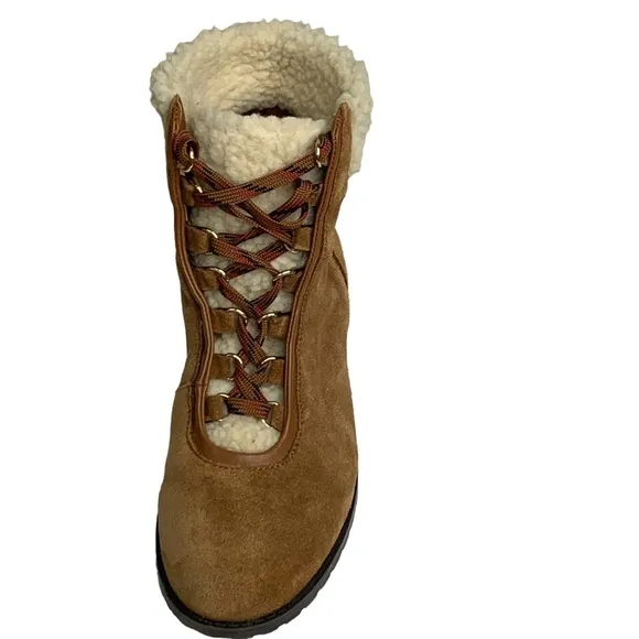 Crown &amp; Ivy Cognac Leather Suede Hiking Sherling Lined Lace Up Boots NEW Size 7