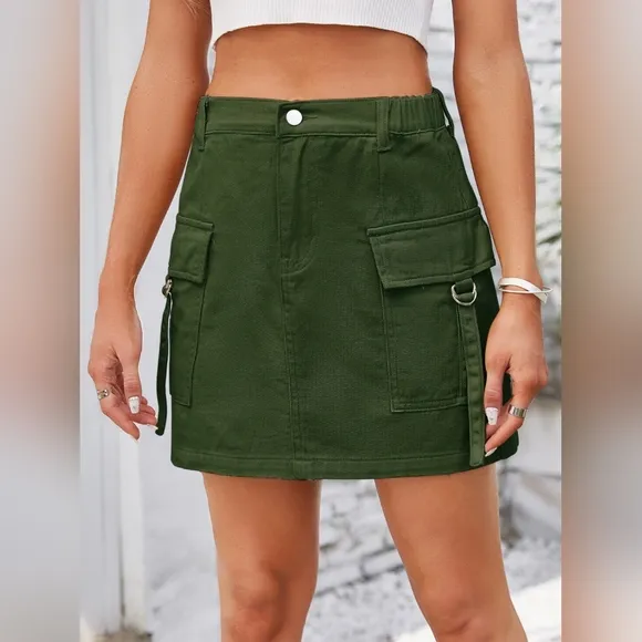 Denim Mini 90s Retro Cargo Side Pocket High-Rise Elastic Waist Green Jean Skirt