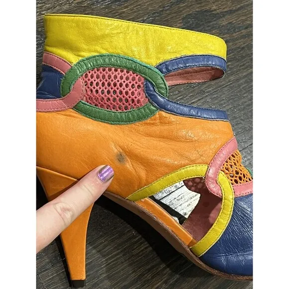 Diesel Heels Women’s 8 Aries Colorblock Leather Cutout Booties Colorful Mesh