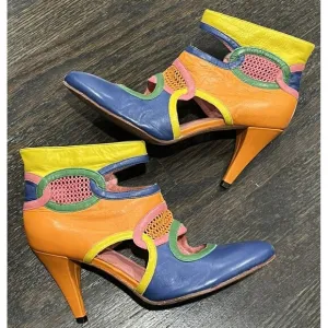 Diesel Heels Women’s 8 Aries Colorblock Leather Cutout Booties Colorful Mesh