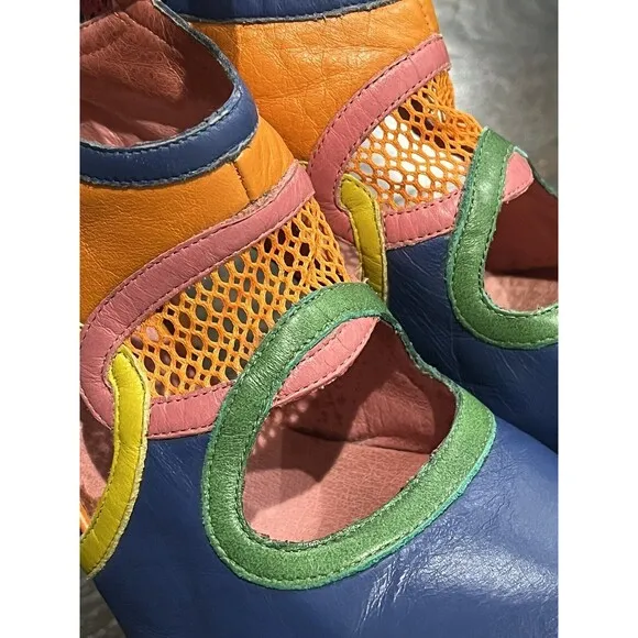 Diesel Heels Women’s 8 Aries Colorblock Leather Cutout Booties Colorful Mesh