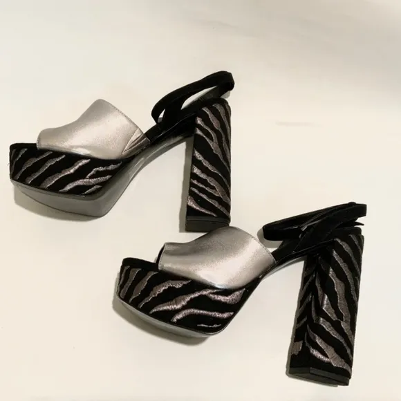 Dolce Vita Lisa Silver Black Leather Block Heel Platform Sandals Dress Shoes 9.5